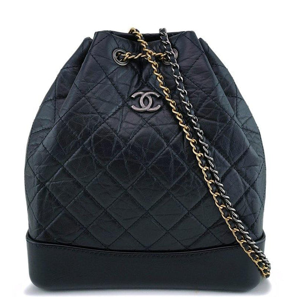 Chanel Backpack, Gabrielle, Black Calfskin Leather, Mixed Gold and
