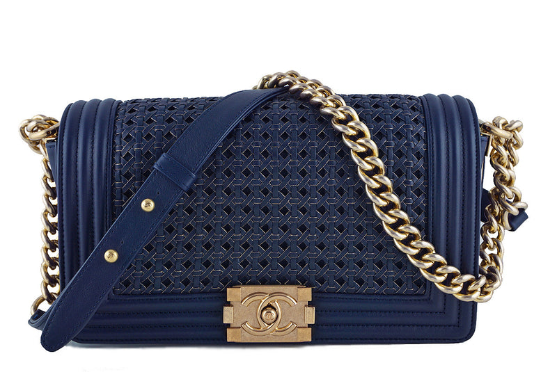 Chanel Boy Bag, Navy Blue Medium Gold-Trimmed Woven Flap - Boutique Patina