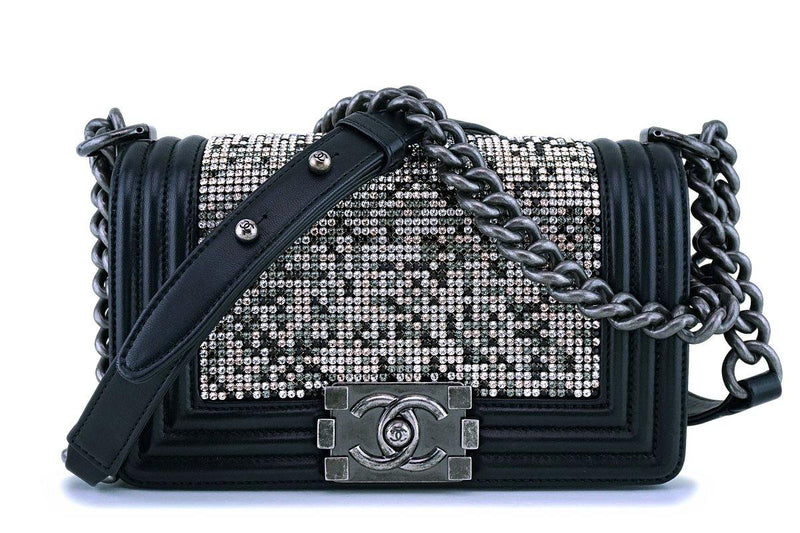 RARE Chanel Black Strass Crystals Small Classic Boy Flap Bag