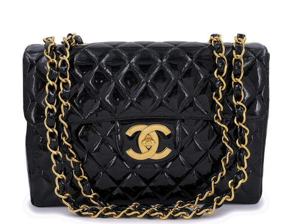 Chanel 1994 Vintage Black Patent Jumbo Classic Flap Bag 24k GHW - Boutique Patina