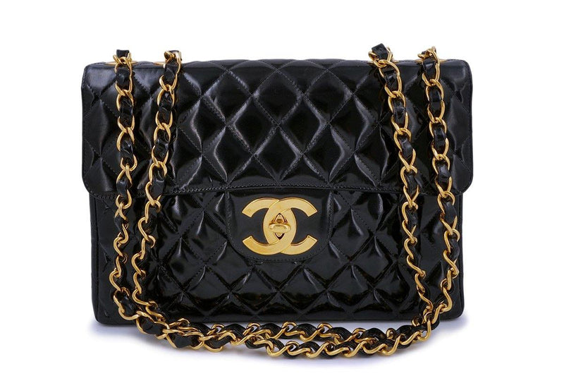 CHANEL VINTAGE CC TURNLOCK BLACK PATENT QUILTED LEATHER JUMBO TOTE