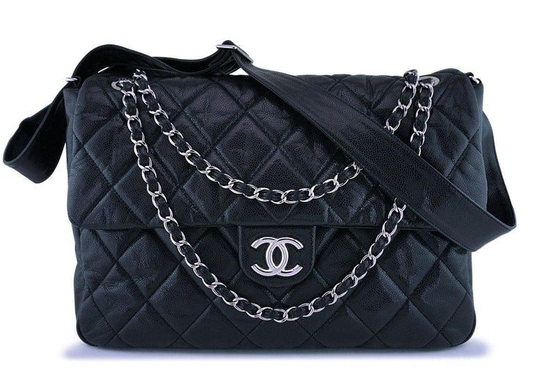 CHANEL CC Logo Caviar Leather Flap Messenger Bag Beige