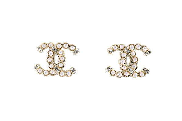 NIB Chanel 19K Pearl Crystal Gold Stud Earrings AB2434 - Boutique Patina