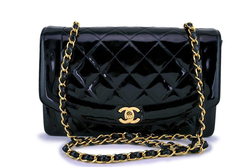 Chanel Vintage Black Patent Medium Classic Diana Flap Bag 24k GHW