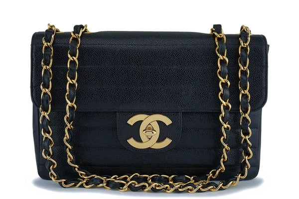 Rare Chanel Vintage Black Caviar Horizontal Jumbo Classic Flap Bag 24k GHW - Boutique Patina