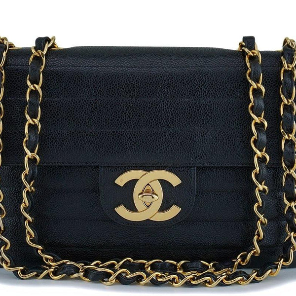 Rare Chanel Vintage Black Caviar Horizontal Jumbo Classic Flap