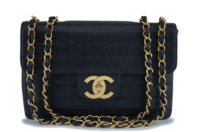 Rare Chanel Vintage Black Caviar Horizontal Jumbo Classic Flap Bag