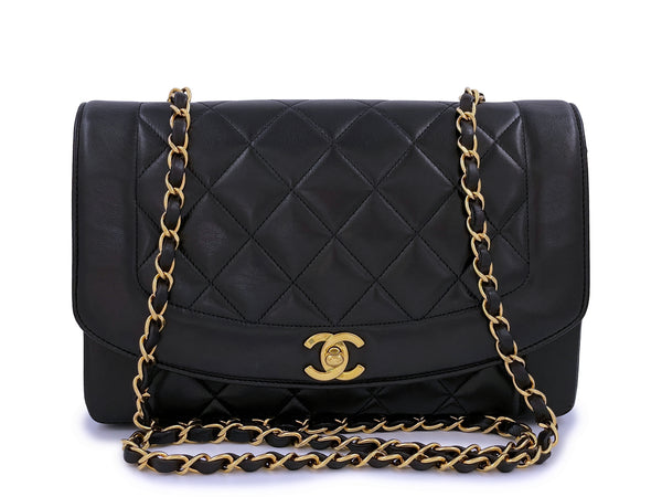 Chanel 1991 Vintage Black Classic Medium Diana Flap Bag 24k GHW Lambskin - Boutique Patina