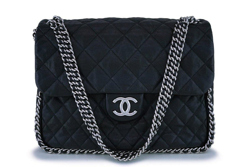 Chanel Black Calfskin Maxi Jumbo XL Luxe Chain Around Flap Bag SHW - Boutique Patina