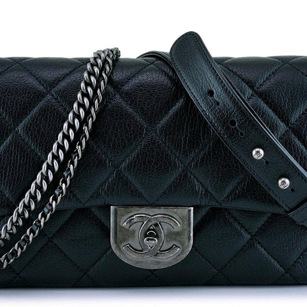 Chanel Black Grained Medium Double Carry Classic Flap Bag