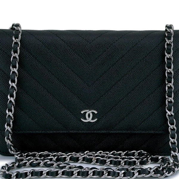 New Chanel Black Caviar Classic Chevron Quilted WOC Wallet on