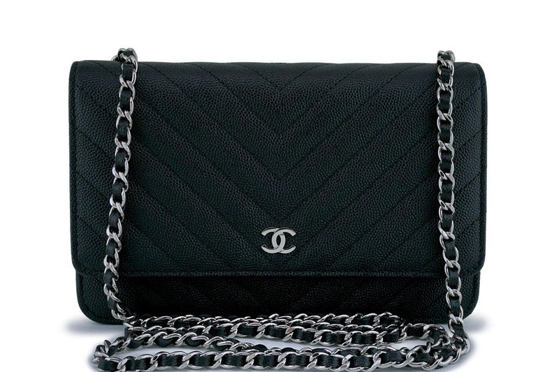 New Chanel Black Caviar Classic Chevron Quilted WOC Wallet on