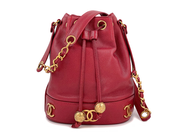 Chanel Vintage Red Caviar Small Bucket Drawstring Bag 24k GHW - Boutique Patina
