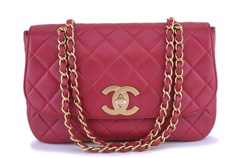 Rare Chanel Vintage Red Caviar Flap with Classic Jumbo CCs Bag GHW