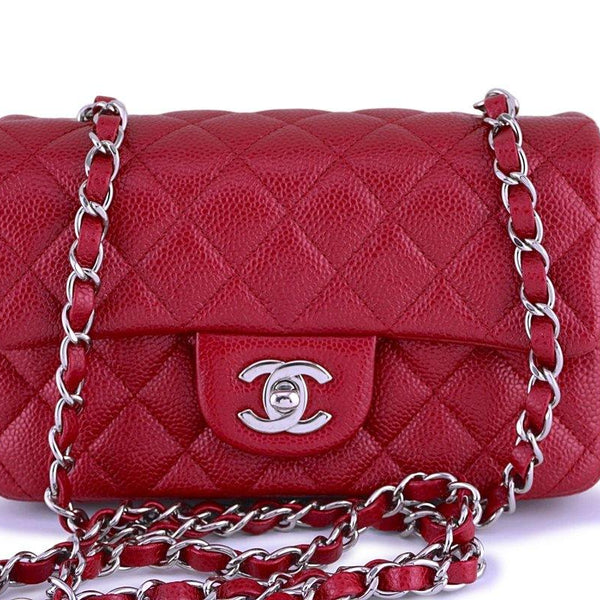 New 20B Chanel Red Caviar Chevron Small Classic Double Flap Bag
