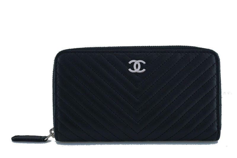 NIB Chanel Black Chevron Compact Zip Around Small Card Wallet Case - Boutique Patina