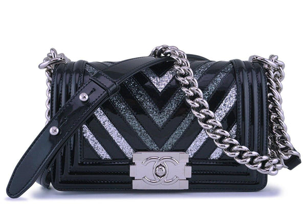 17K Chanel Black Glitter Chevron Patent Boy Flap Small Bag - Boutique Patina