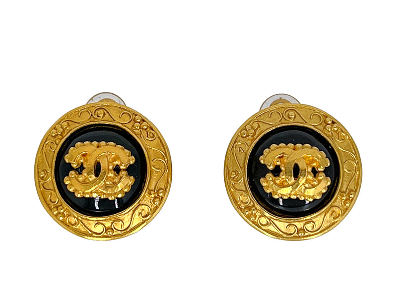 Chanel Vintage 96A Baroque Black and Gold CC Logo Stud Earrings - Boutique Patina