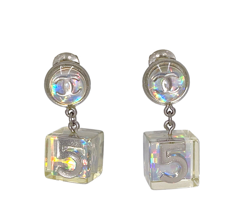 Chanel Vintage 97P Holographic Resin Drop Earrings White Silver