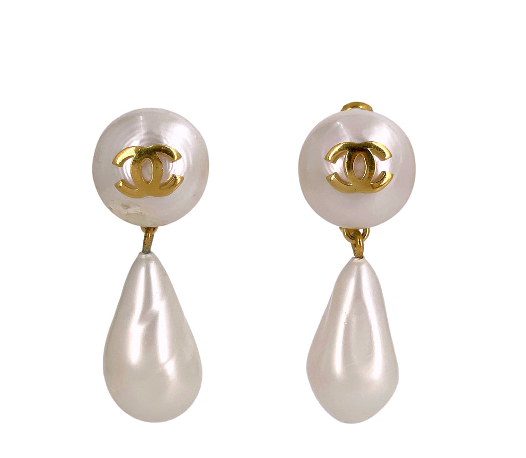 Gold & Faux Pearl 'CC' Dangle Earrings