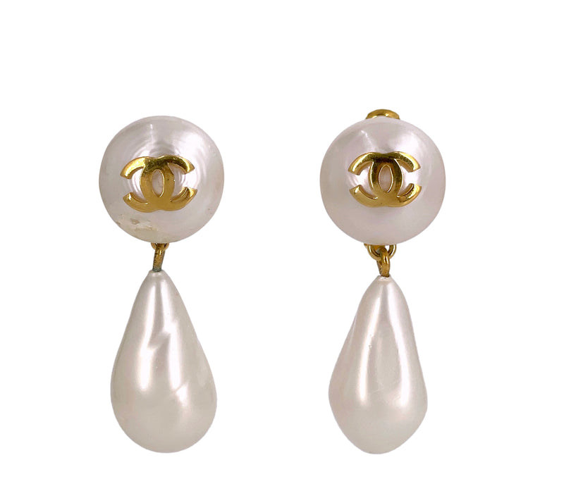 CHANEL CC Pearl Drop Earrings Silver 1312703