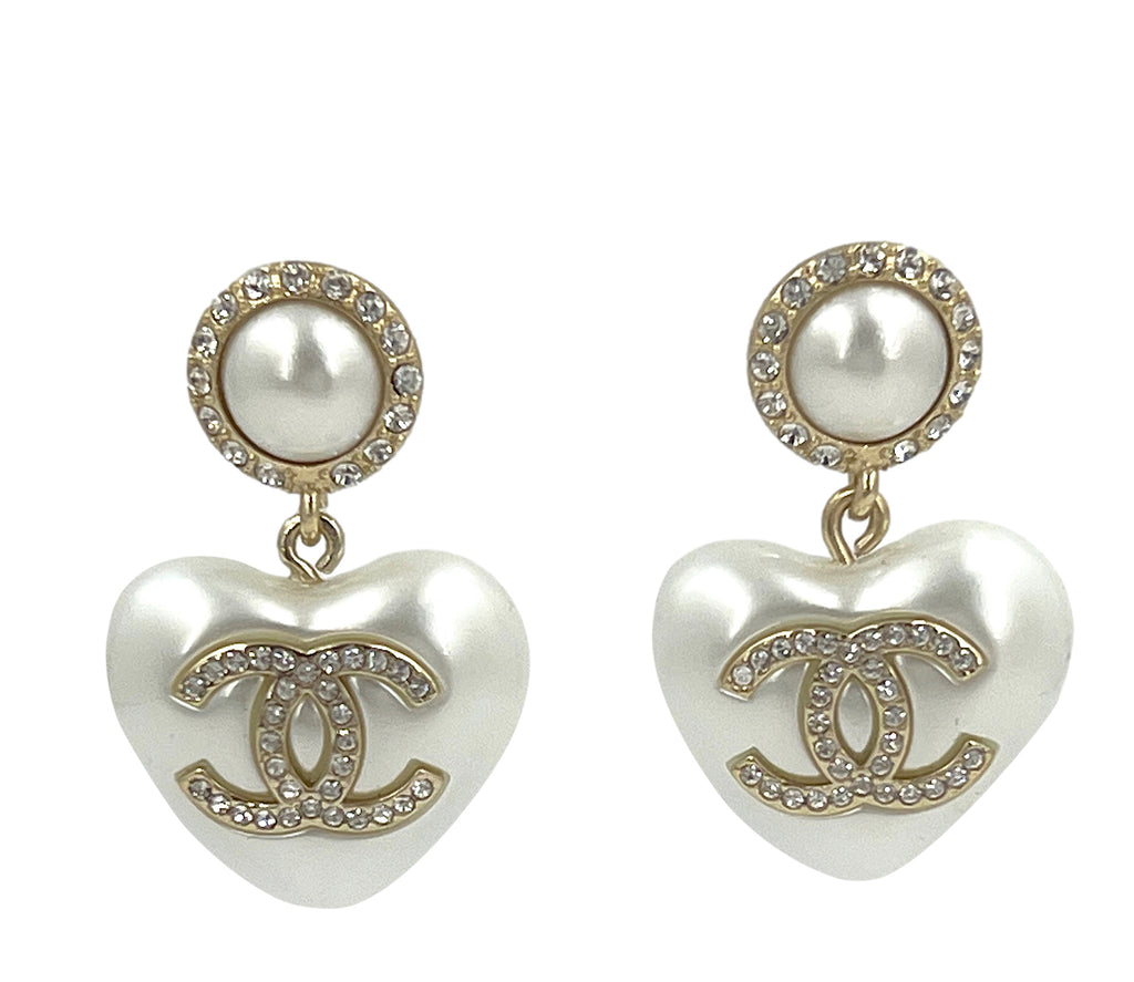 Chanel Champagne Resin Pearl CC Drop Earrings Gold Tone 21B