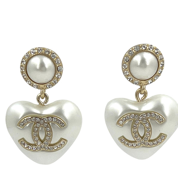 Chanel 21A Coco Neige Pearl Heart Crystal CC Dangle Drop Earrings