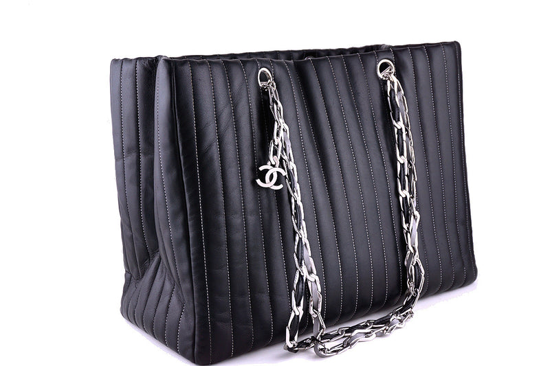 Chanel Black Lambskin Tote, Mademoiselle Vertical Stitch Shopper Bag - Boutique Patina