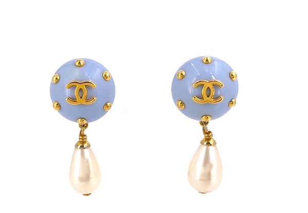 Chanel Vintage 96C Rare Pale Blue Gold Studded Pearl Drop Earrings - Boutique Patina