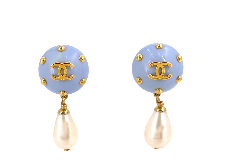 Chanel Vintage 96C Rare Pale Blue Gold Studded Pearl Drop Earrings