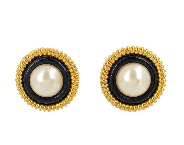Chanel Vintage Collection 23 Large Pearl Black Gold Stud Earrings - Boutique Patina