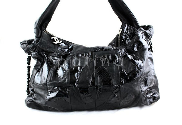 CHANEL Brooklyn Patchwork Flap Patent Leather Shoulder Bag Black