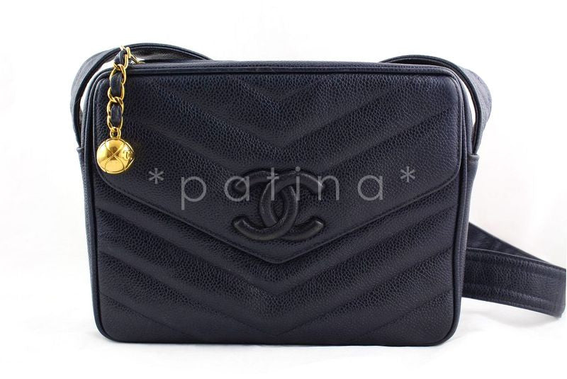 Chanel Navy Caviar Chevron Classic Quilted Flap Camera Purse Bag - Boutique Patina