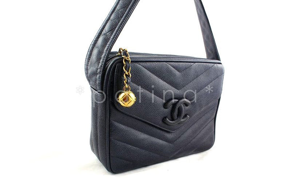 Chanel Navy Caviar Chevron Classic Quilted Flap Camera Purse Bag - Boutique Patina