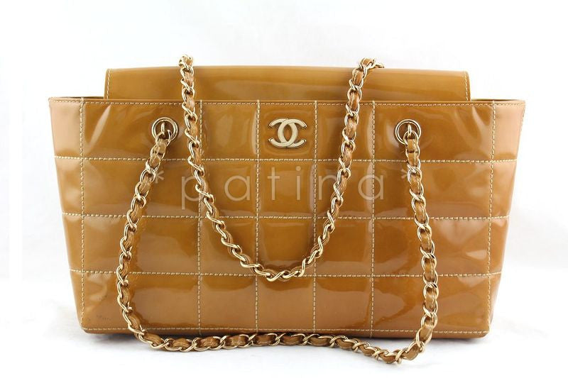 Chanel Beige Patent Chocolate Bar Quilted Camera Tote Shopper Bag