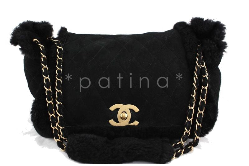 Chanel Black Quilted Suede/Shearling Jumbo Classic Flap Bag - Boutique Patina