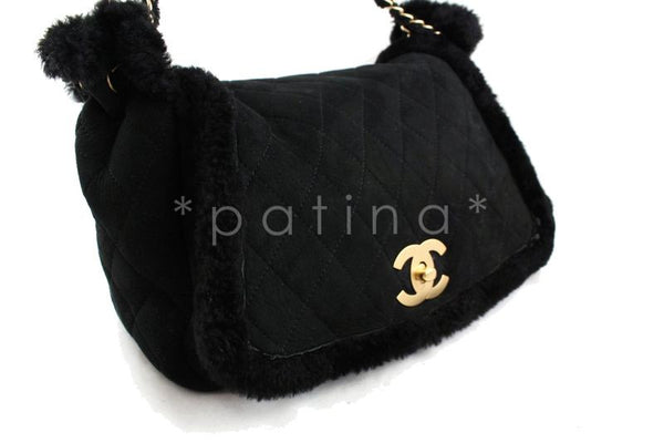 Chanel Black Quilted Suede/Shearling Jumbo Classic Flap Bag - Boutique Patina