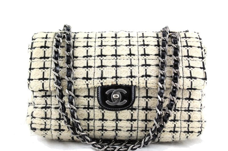 Chanel Ivory and Black Tweed Medium Classic 2.55 Flap Bag - Boutique Patina