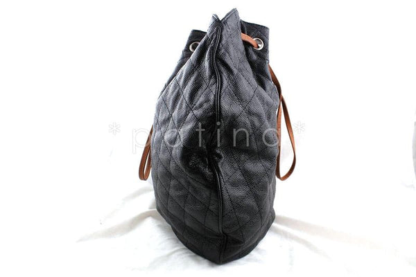 Chanel Gray-Black Giant Quilted Caviar Drawstring Hobo Tote Bag - Boutique Patina