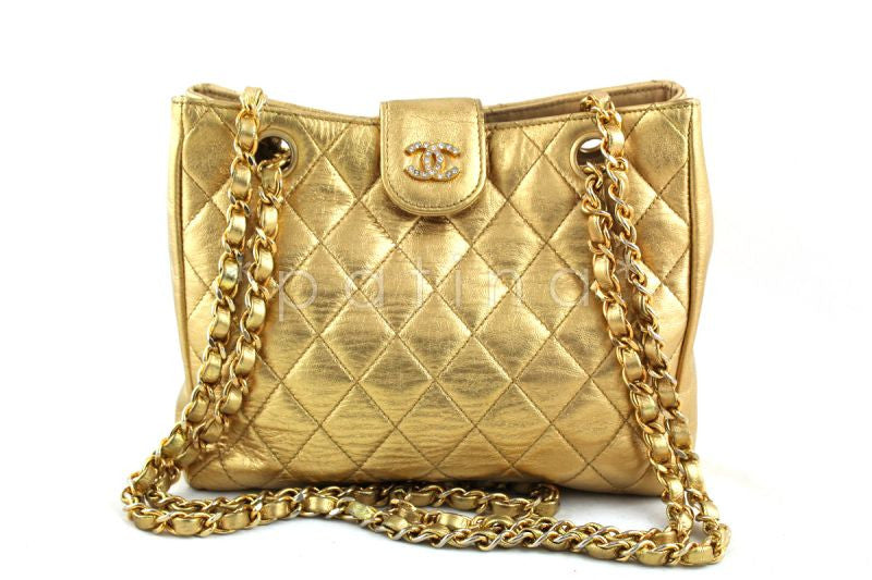 Chanel Gold Lambskin Quilted Mini Shoulder Tote with Crystal CCs  Bag - Boutique Patina