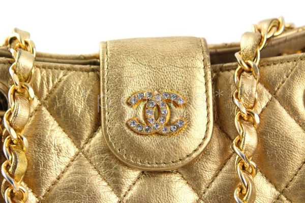 Chanel Gold Lambskin Quilted Mini Shoulder Tote with Crystal CCs  Bag - Boutique Patina