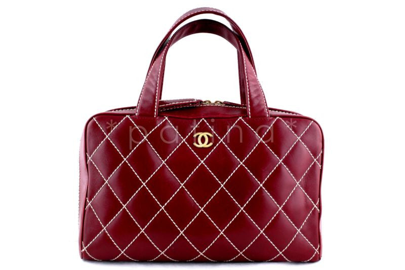 Chanel Red Contrast Stitch Surpique Classic Large Bowler Bag