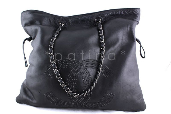 Chanel Charcoal Gray XL Soft Lambskin Studded Hobo Shopper Tote Bag - Boutique Patina