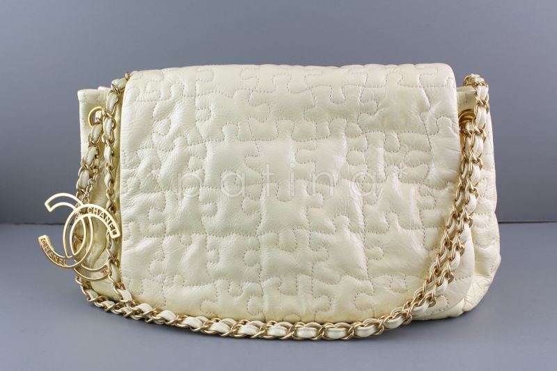 Chanel Ivory Jumbo Patent Puzzle Flap CC Charm Bag - Boutique Patina
