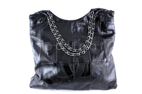 Black leather and black patent leather patchwork tote shoulder bag