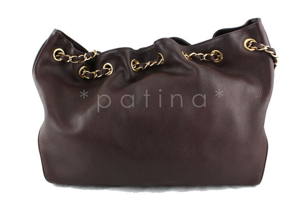 Chanel Chocolate Brown Soft Textured CC Logo Drawstring Tote Shopper Bag - Boutique Patina