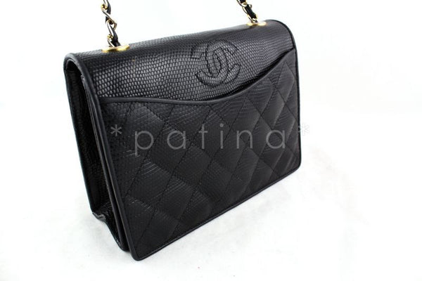 Chanel Black Lizard Quilted Vintage Classic Timeless Flap Bag - Boutique Patina