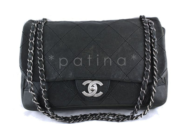 Chanel Jumbo Charcoal Gray Outdoor Ligne Distressed Caviar Classic Flap Bag - Boutique Patina