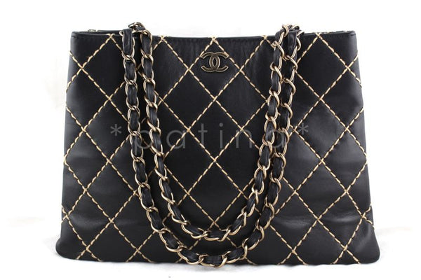 Chanel Black Classic Contrast Stitch Quilted Shopper Tote with CC and Woven Chain Bag - Boutique Patina