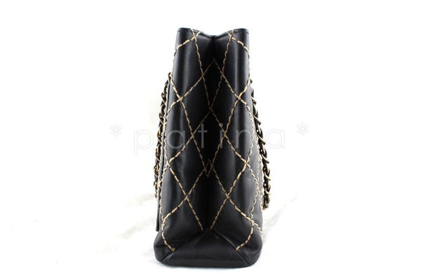 Chanel Black Classic Contrast Stitch Quilted Shopper Tote with CC and Woven Chain Bag - Boutique Patina